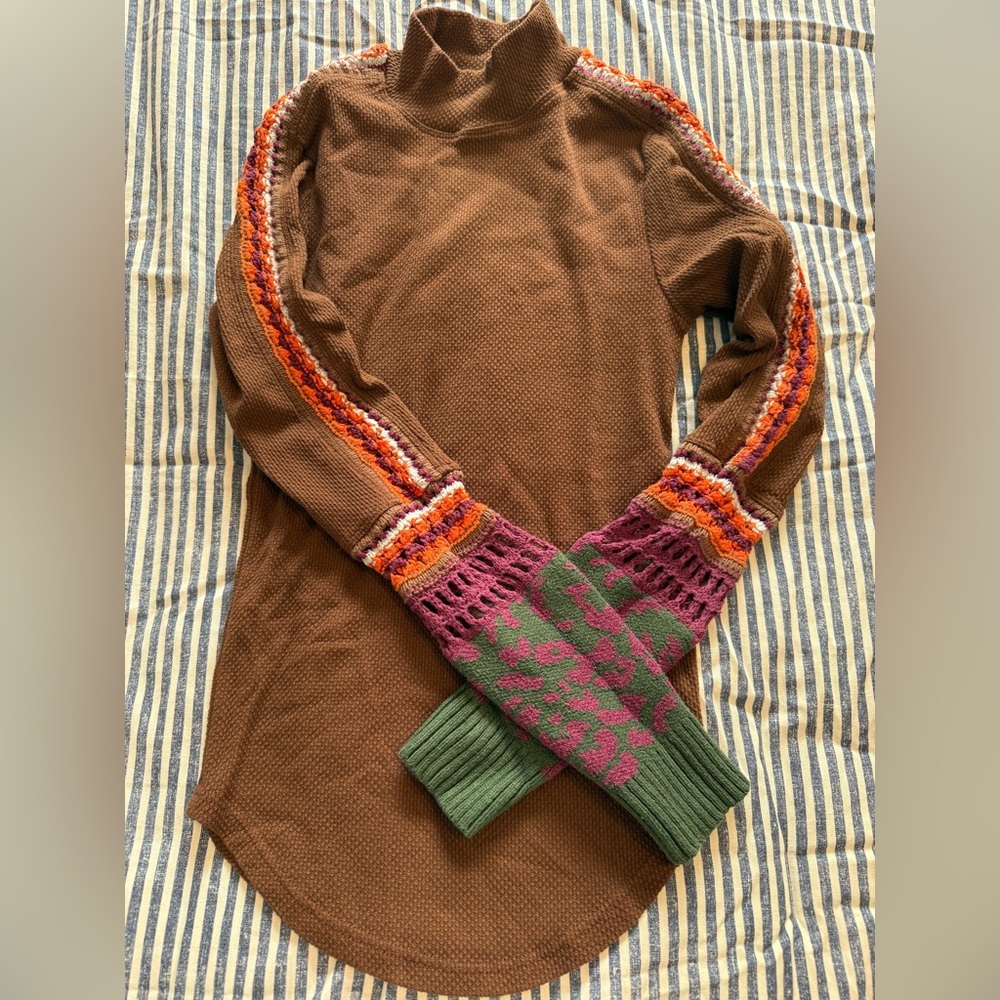 Free People Brown Knit Top with Pink and Green Accent Sleeves